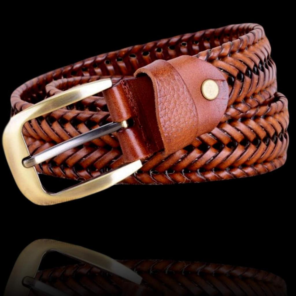 Crbelte Italian Leather Mesh Braided Business Genuine 115cm Long Men's Belt, Design, Leather, 3.5cm Wide, (Light Brown)