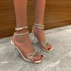 Women Bowknots Crystal Heeled Sandals Fashion Square Toe Rhinestone Decor Ankle Strap Heels For Party Wedding Prom