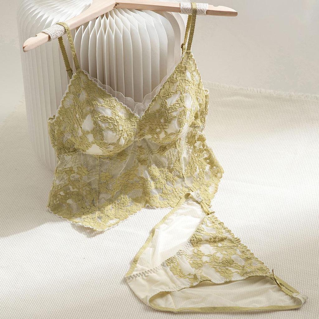 French Pure Desire Floral Lace Spaghetti Strap Triangle Cup Lingerie Set - Invisible Back Buckle Bra & Beautiful Back Design