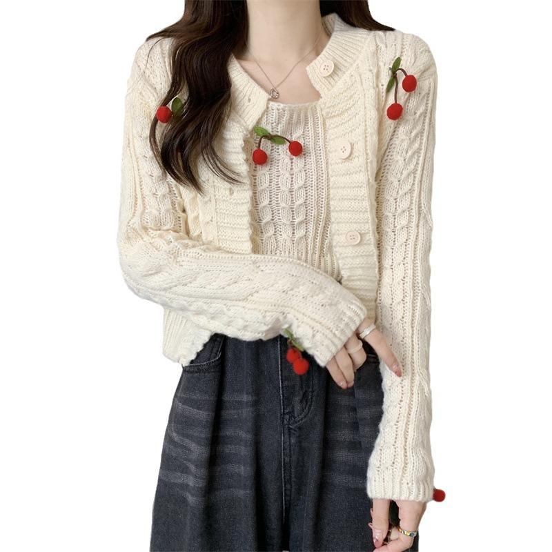 Three-dimensional cherry twist knitted cardigan women's spring and autumn new sweet wind versatile long-sleeved top two-piece sweater tide