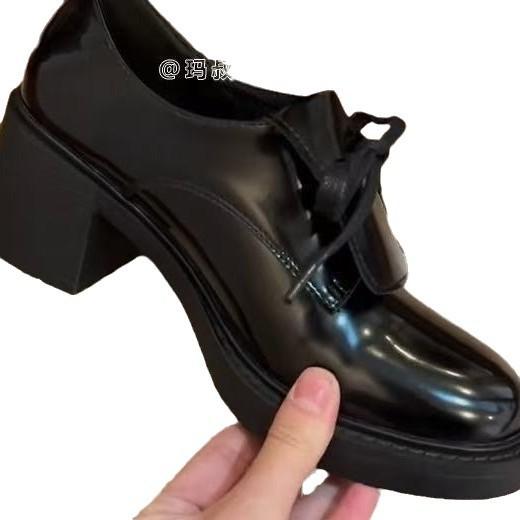 Cowhide version~ Ballet style bow high heel small leather shoes thick heel single shoes women's platform loafers British style women's shoes