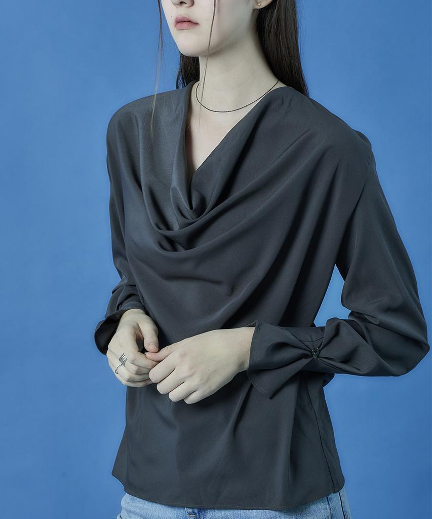 KOLEAT Drape Round Neck Loose Fit Shirred Sleeve Long Sleeve T-Shirt [3Colors] Blouse Ver. 602