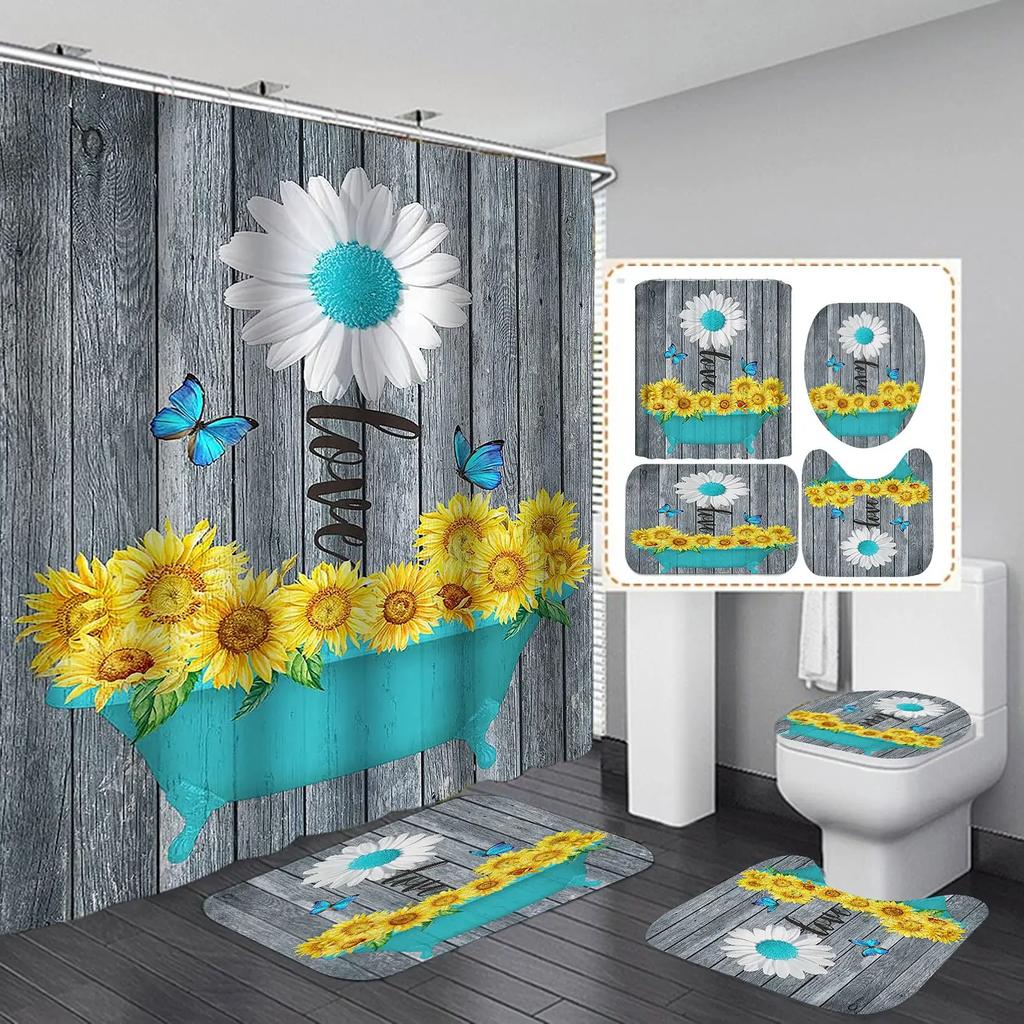 Butterfly Daisy Sunflower Shower Curtain Sets Retro Floral Vintage Country Farmhouse Flower Rustic Wooden Bathroom Decor Sets