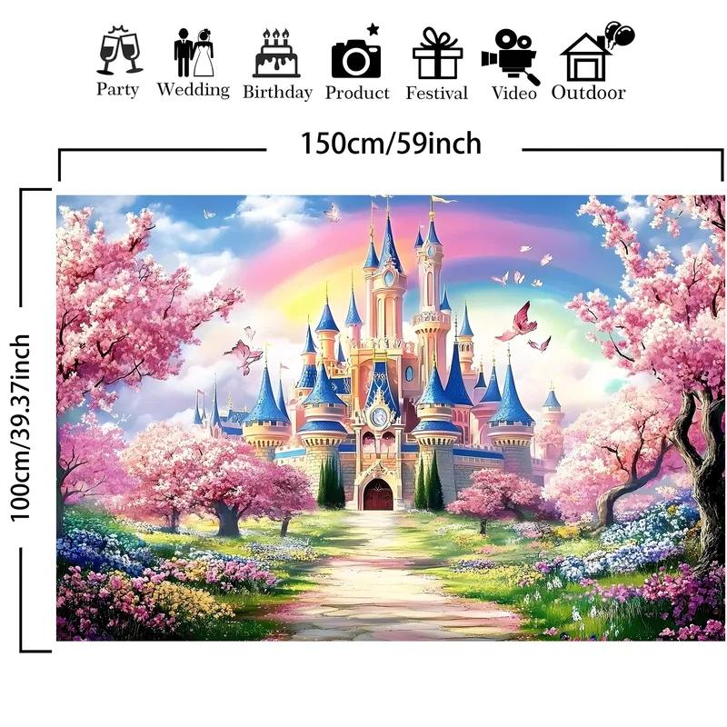 1 Piece – 2D Flat Princess Castle Polyester Backdrop Banner – For Room Bedroom Office and Birthday Background Decoration (wsj