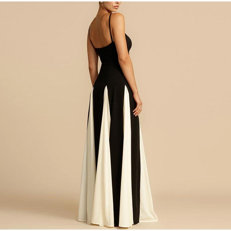 Fashion Contrasting Color Spaghetti Strap Dress for Women Elegant Gauze Backless A-line Long Dresses New Lady Party Evening Dresses