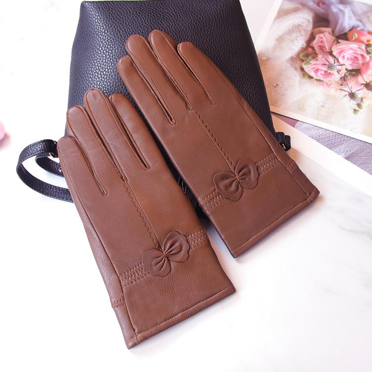 Women's Winter Bow Leather Gloves: Thick Velvet, Windproof, Waterproof, Warm Cycling Gloves
