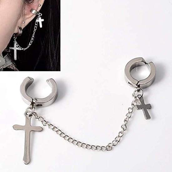 Ohrklemme Silber Kreuz Anhänger Kette Doppelohrringe Ohrringe Edelstahl Fake Helix CF154 ohne Piercing