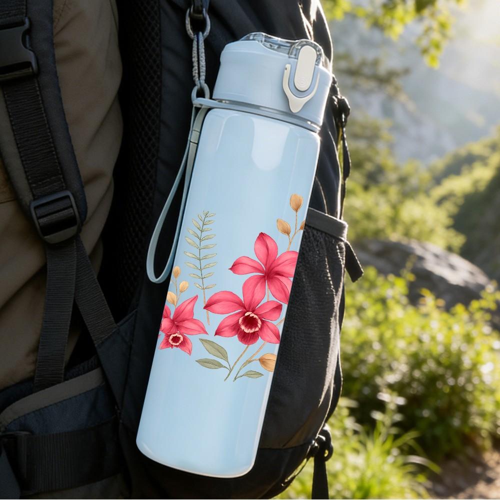 1PC Pink Wild Flower Bouquet Print 750ml Color Plastic Sports Water Bottle Leakproof Flip Straw Lid Suitable for Sports Office Home Use