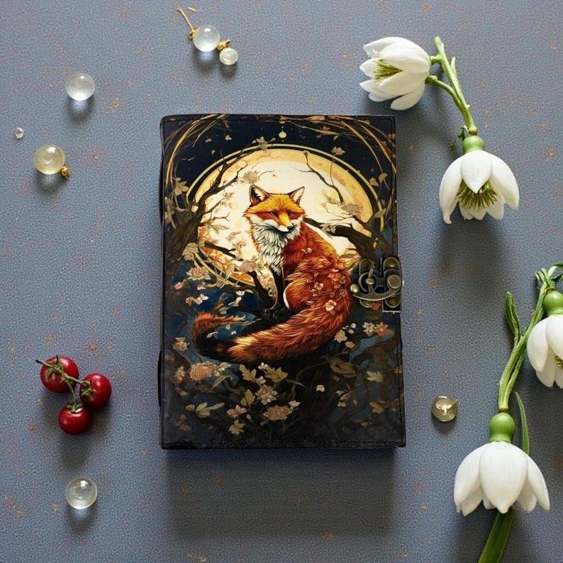 Fox Leather Grimoire | Handmade Spell Book of Shadows, Thick Vintage Deckle Paper Journal, Unique Fox Gift for Him and Her