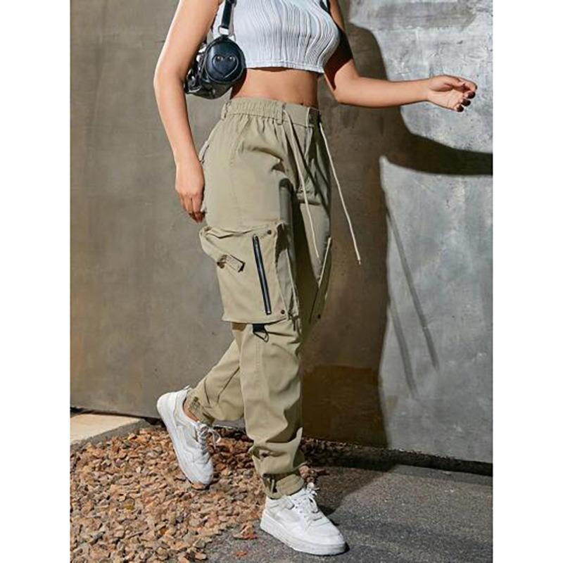 Damen High Waist Cargo-Hose Mehrere Taschen Reißverschluss Lässig Streetwear Jogginghose