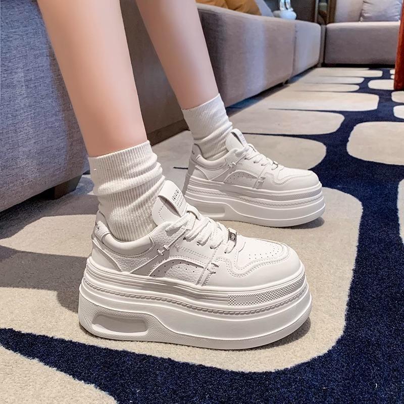8CM thick-soled heightening shoes women's spring new versatile lace-up leather white shoes casual shoes single shoes
