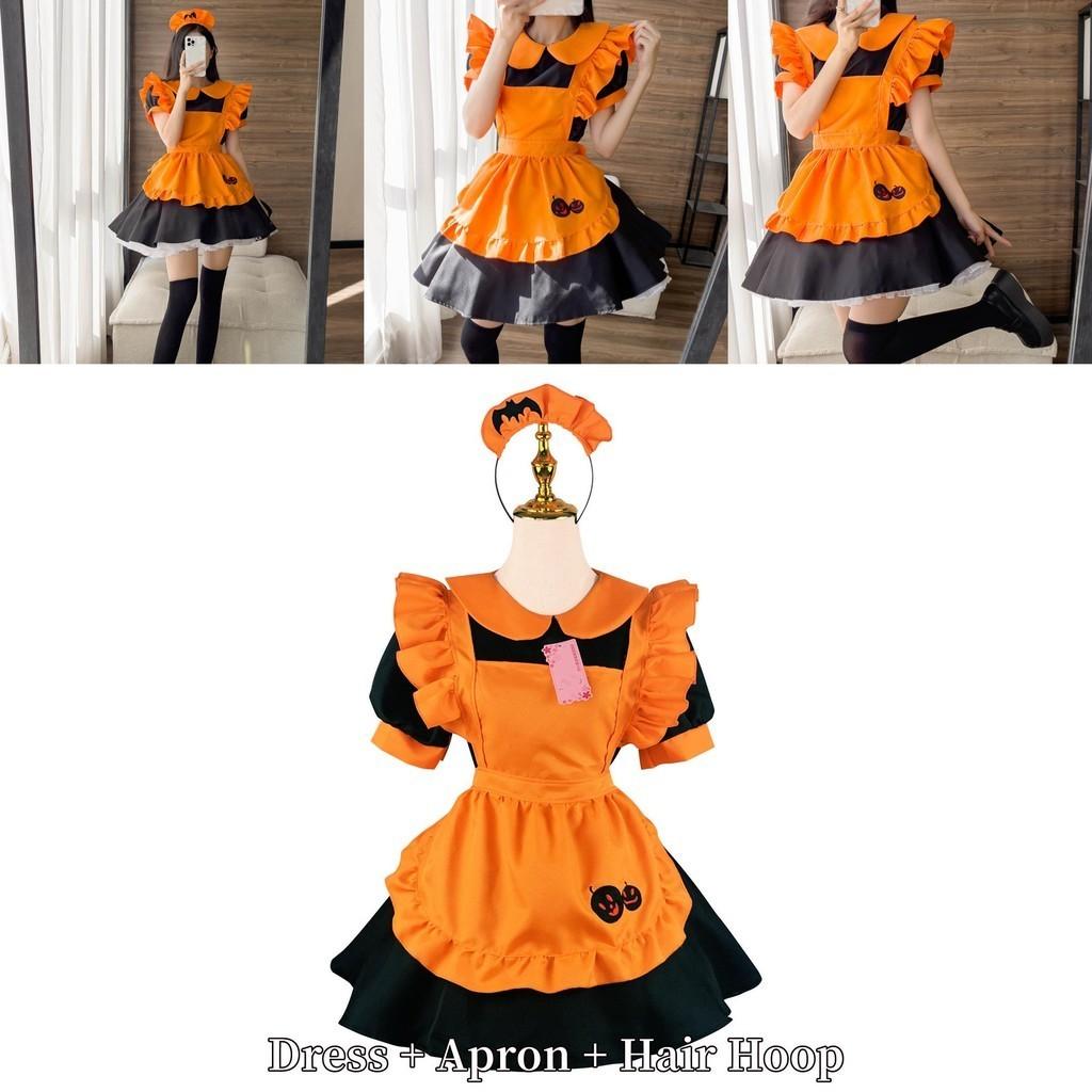 Cute Lolita Pumpkin Maid Halloween Party Costume Dress With Headdress