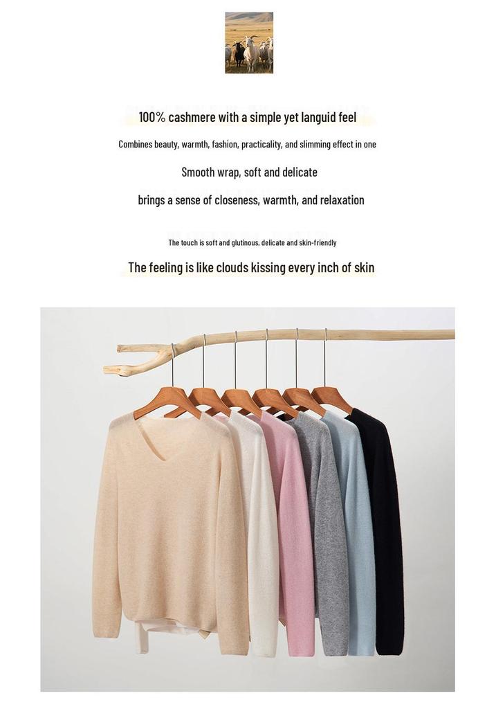 Women's Soft 100% Cashmere V-Neck Sweater - Loose Fit, Long Sleeve, Solid Color Knitwear for Autumn and Winter
