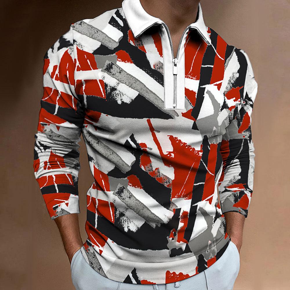 New Men's Zip Casual Men's Digital Printed Long Sleeve Polo Sweatshirt