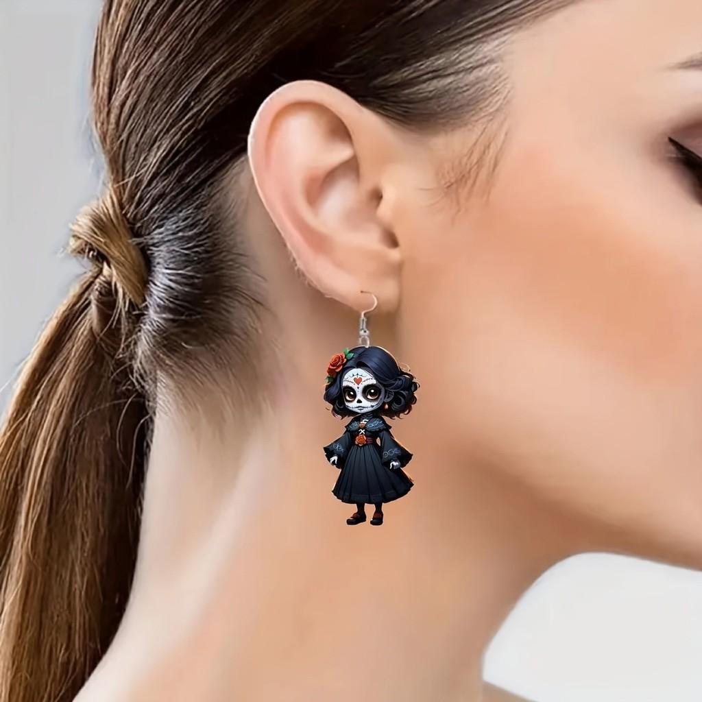 Themed Black Halloween Skull Rose Girl Four Pattern Women Acrylic Earrings