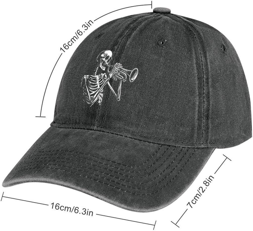 Skeleton Playing Trumpet Baseball Cap Vintage Washed Cotton Adjustable Dad Hat Outdoor