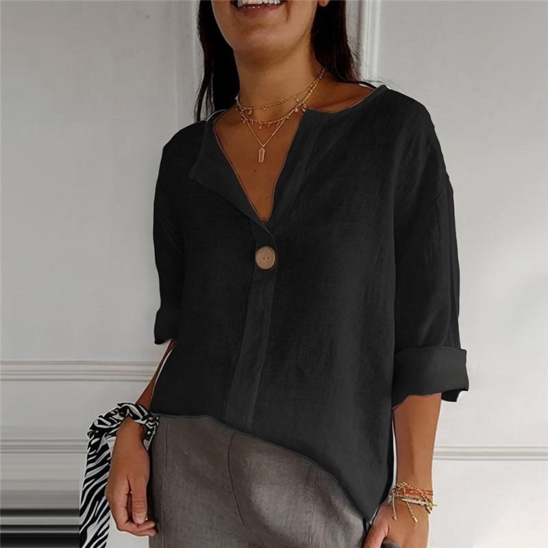 European And American Style Summer New Loose Casual T Shirt Women's V Neck Cotton And Linen Button Top