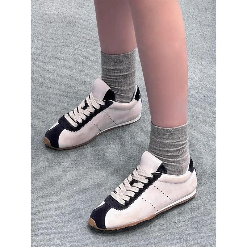 Cowhide version~ miu's retro color matching genuine leather German training shoes women's flat casual sports shoes lightweight and versatile Forrest