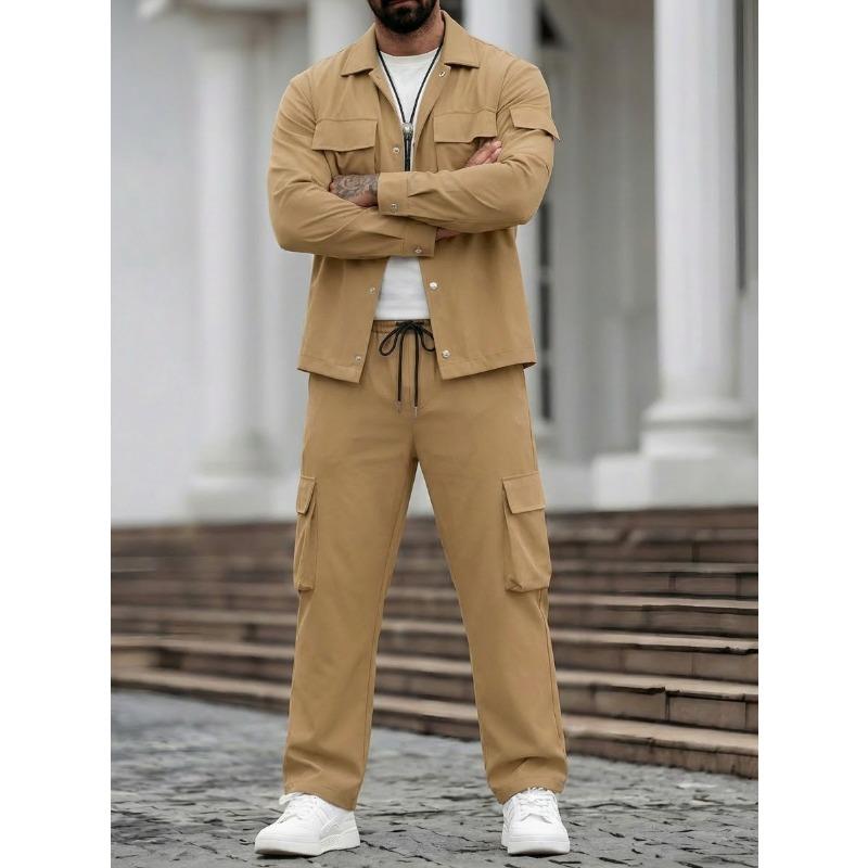Men Casual Workwear Multi Pockets Long Sleeve Jacket And Long Pants Set