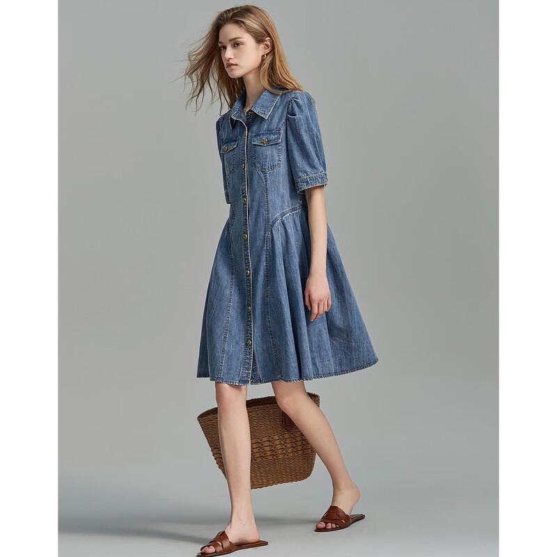 Demana Women's Lapel Puff Sleeve Pleated Denim Dress