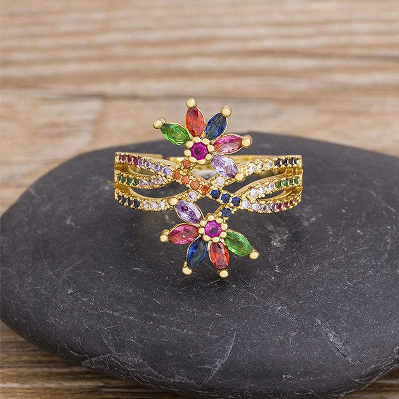AIBEF Multi-layer Rainbow Flower Adjustable Rings Luxury Cubic Zirconia Crystal Opening Finger Rings For Women Jewelry Gift