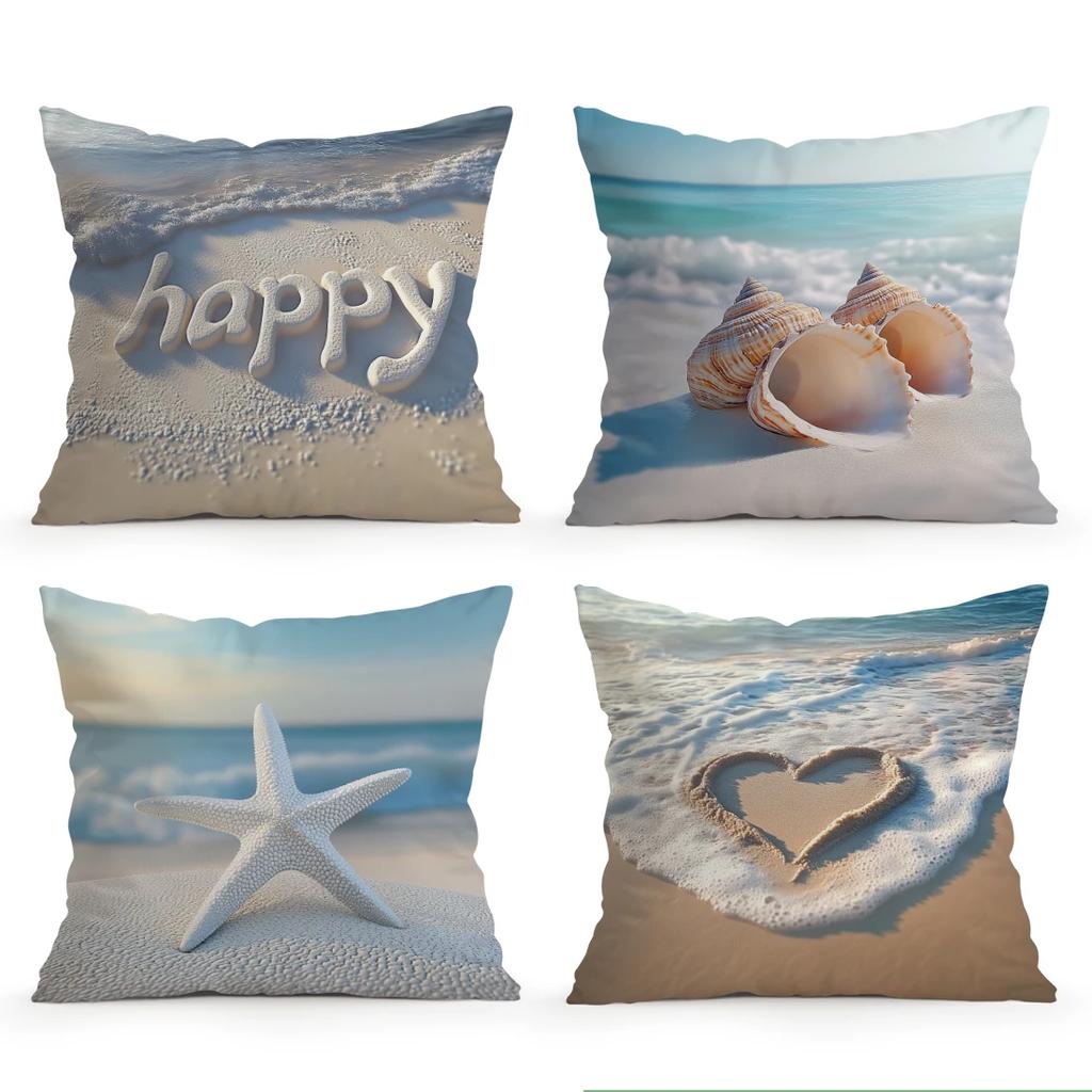 4Pcs Seaside Beach Print Single-Sided Cushion Cover For Living Room Bedroom Car Home Decor