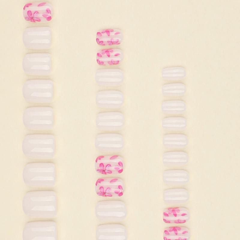 30 Pcs Glossy Full Cover False Nail Short Square Press On Nail Pink Flowers Stick on Nail Solid Color Acrylic Nail