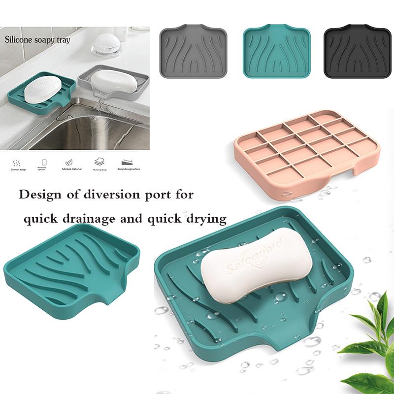 Grey/Black Silicone Soap Box Self Draining Tray No Drilling Drainage Rack Bathroom Kitchen Drainage Soap Box Anti Slip Sink Tray