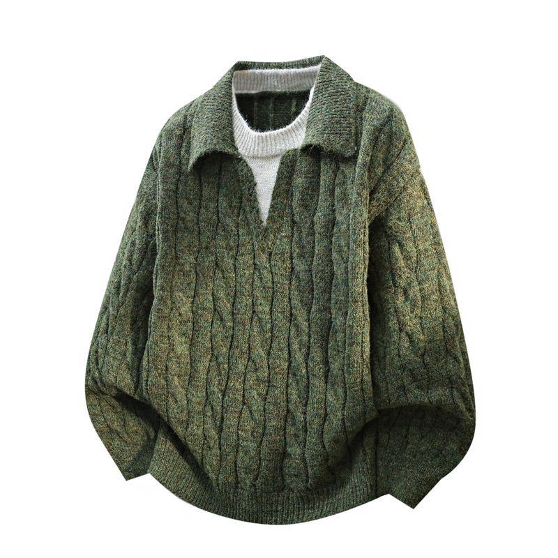 Men s Autumn/Winter Comfortable Loose Warm Two-Piece-Look Pullover Sweater, Machine Washable XL зелёный