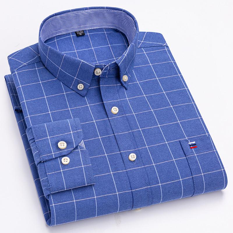 Men's 100% Cotton Shirt Long Sleeve Plaid Oxford Casual Solid Color Print Regular Fit Formal Dress Shirt Oversized 7XL  6XL 5XL