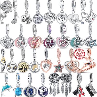 925 Silver Love Forever Open Heart Rose Flowers Feather Wing Spinning Dangle Beads Fit Charms Bracelets Jewelry