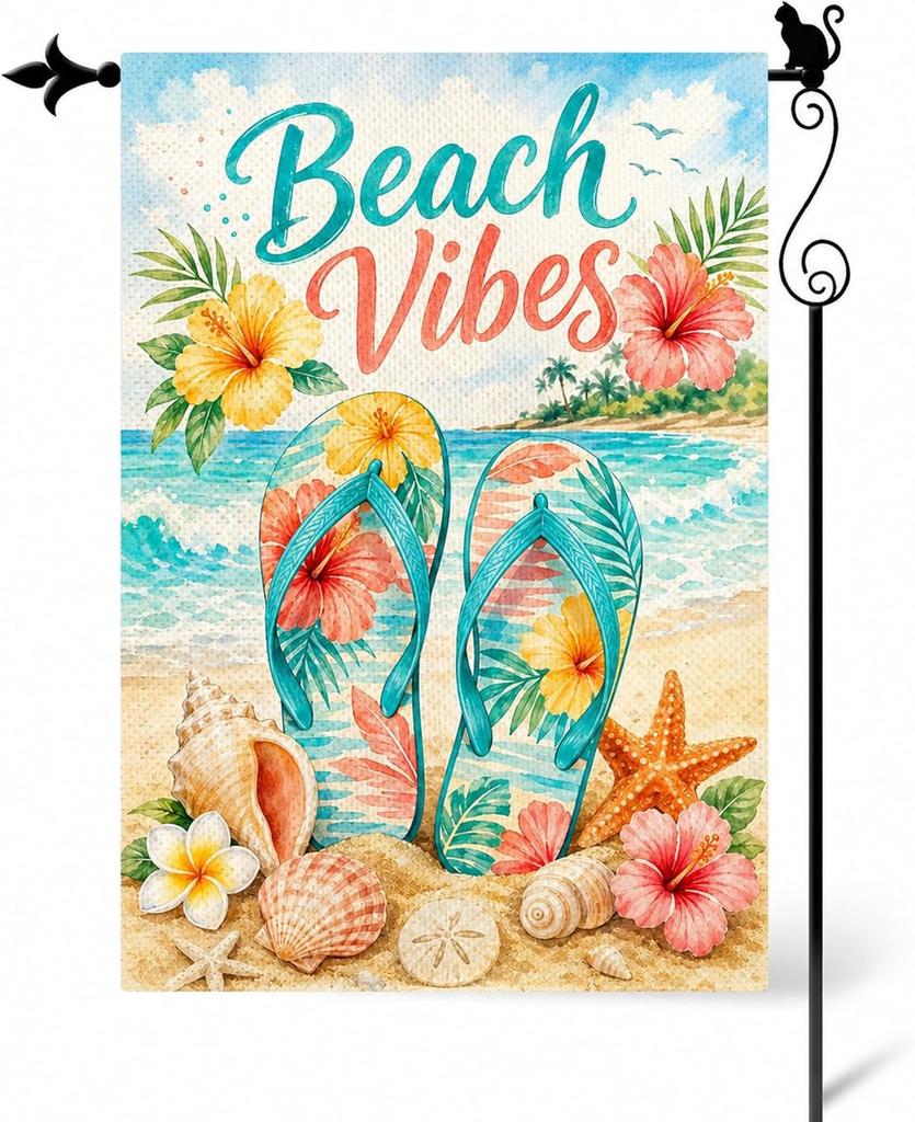 Beach Vibes Flip Flops Garden Flag, Double Sided Coastal Outdoor Yard Flag, 12 x 18 Inch Burlap Seasonal Porch Patio Lawn De