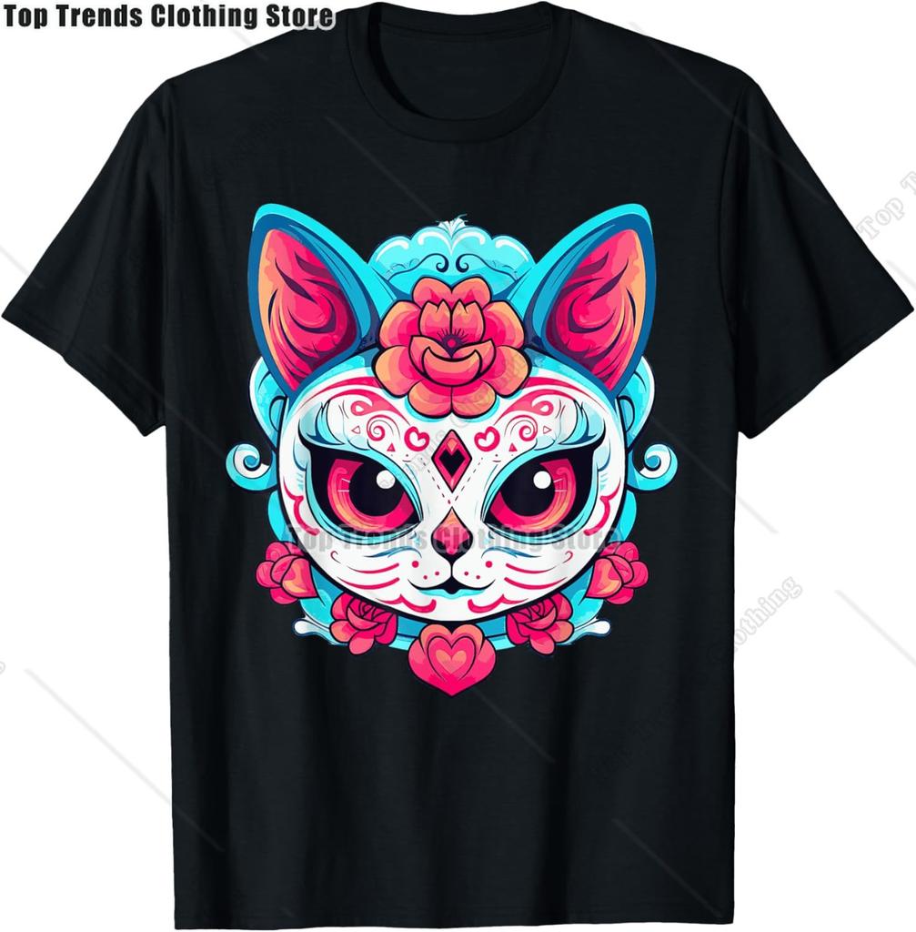 Cute Sugar Skull Cat Dia De Los Muertos Day of The Dead TShirt Mexican Summer Fashion Short Sleeved Tee TopsCasual Tshirt