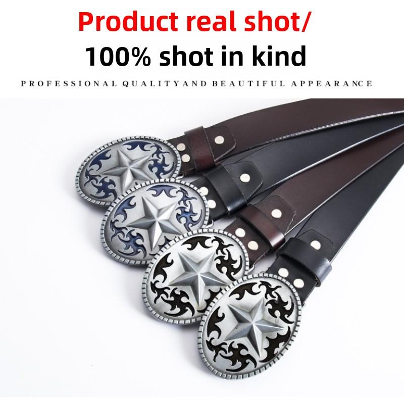 Pentagram Leather Men's Cowhide Belt Retro Smooth Buckle Wide Belt Decorative Belt