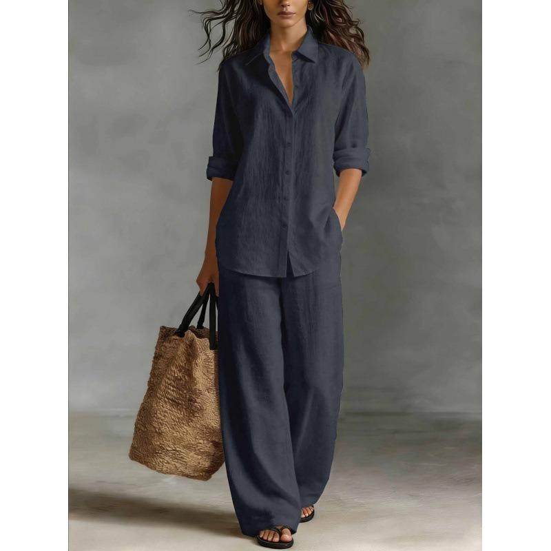 Fashion Linen Shirt Long Sleeved Women's Set Spring Autumn Loose Wide Leg Trousers Female Office Set