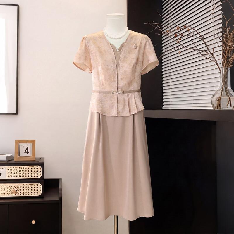 Elegant Embroidered Faux Two-Piece Summer Dress for Middle-Aged Women 2XL