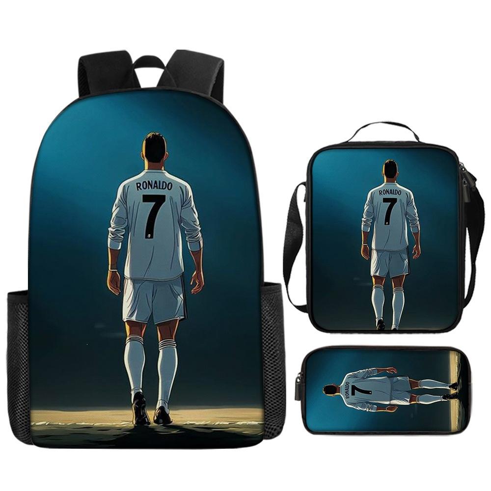 Set de Mochila Escolar Infantil con Estampado de Cristiano Ronaldo de 3 Piezas Dibujos Animados para Estudiantes de Primaria Mochila Ligera Duradera de Gran Capacidad