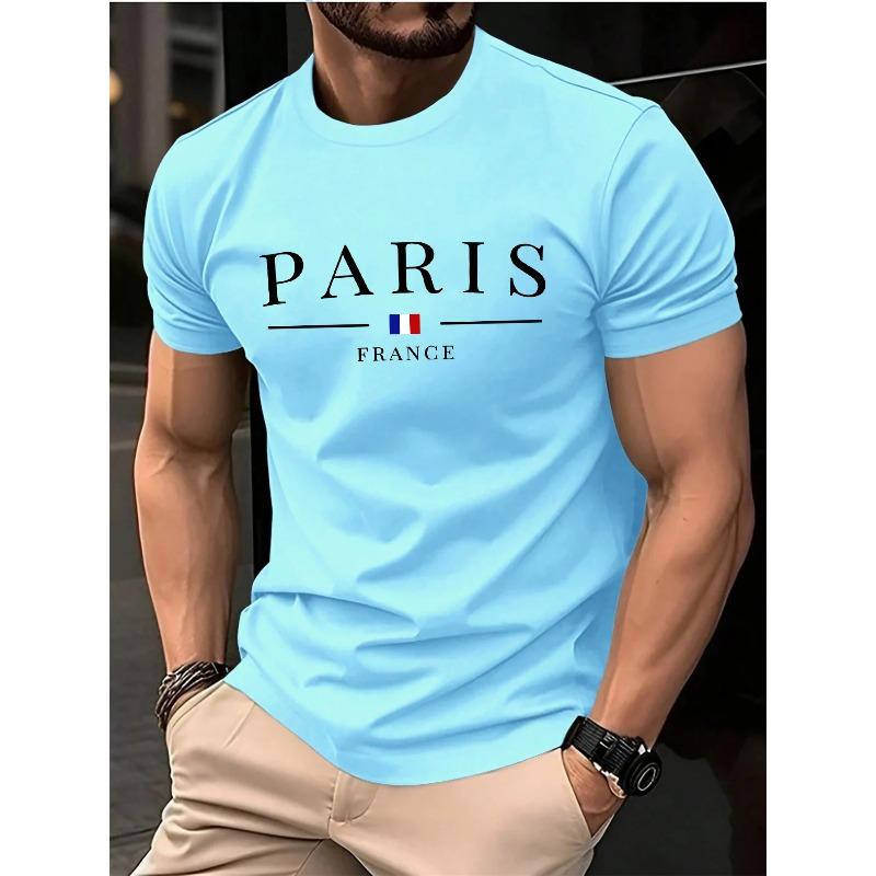 Summer Men's 100% Pure Cotton Casual Loose Plus Size Paris French Printed Sports Comfortable Round Neck Short Sleeved T-shirt