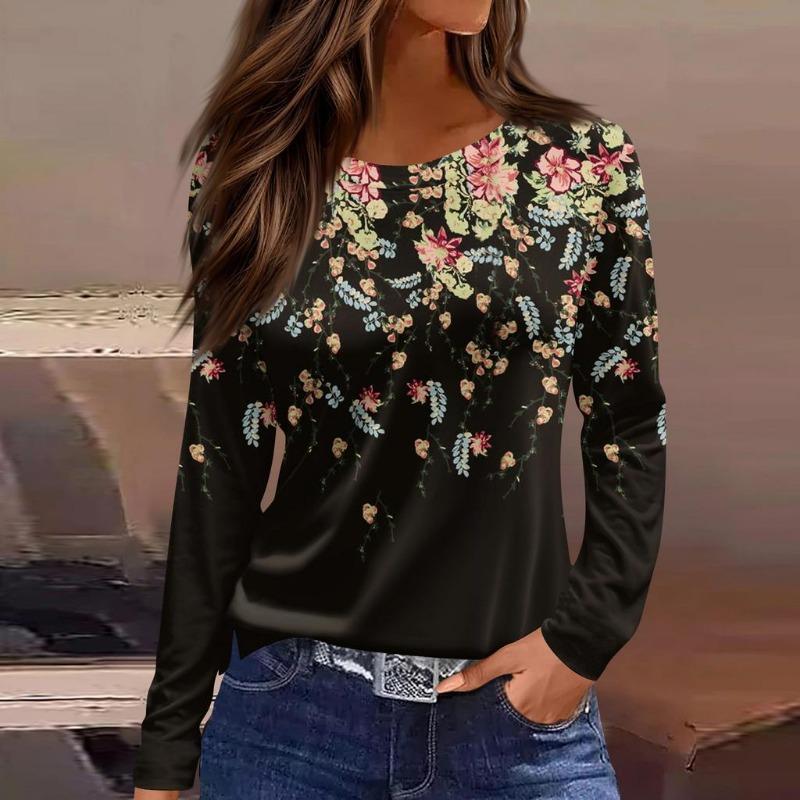 Women's T-shirt 3D Petals Falling Print Fashion Long Sleeve Round Neck Regular Top Holiday Weekend Spring and Autumn Clothing