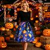 Women Crew Neck Halloween Print Dress Long Sleeve Casual Style and Patterned Midi Dress with Ribbon Waist Tie