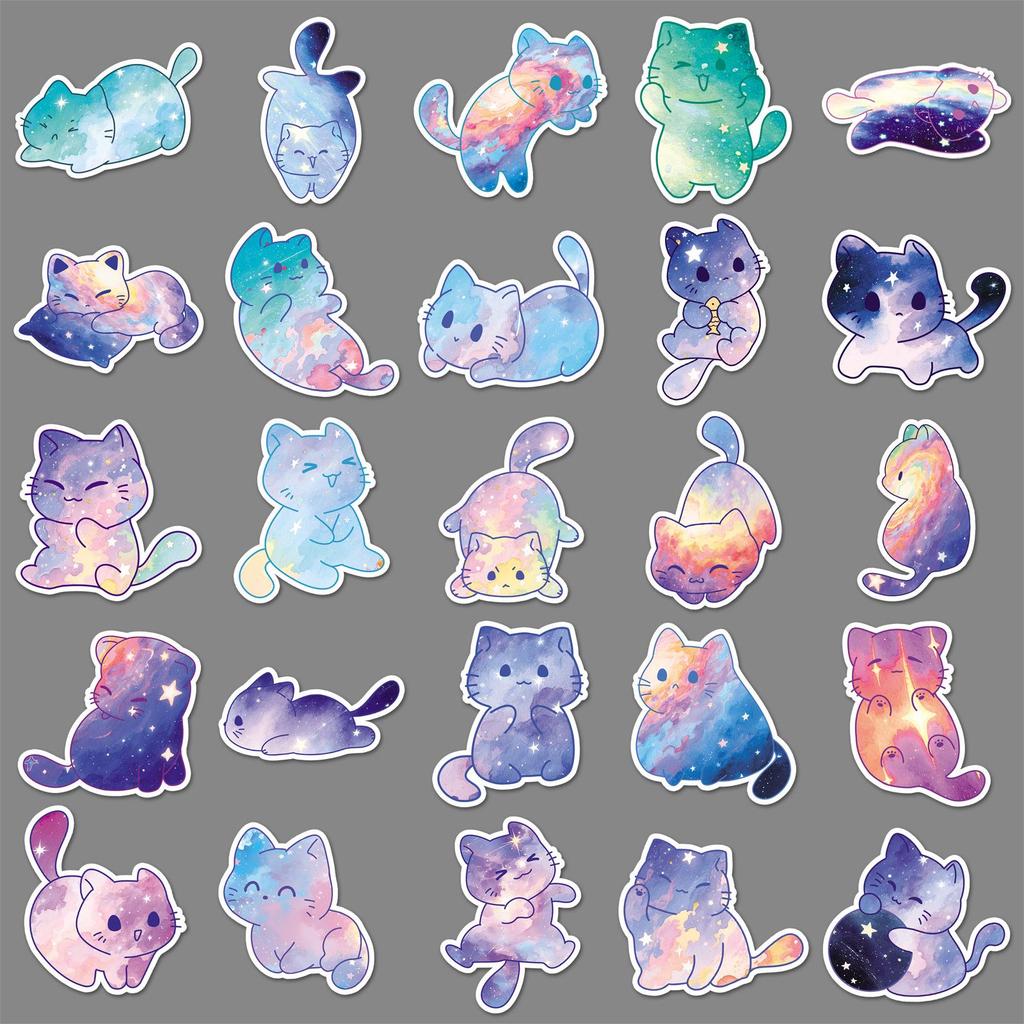 50 Sheets Starry Sky Cat Graffiti Stickers: Hand-Painted Watercolor Kittens for Water Bottles & Journals
