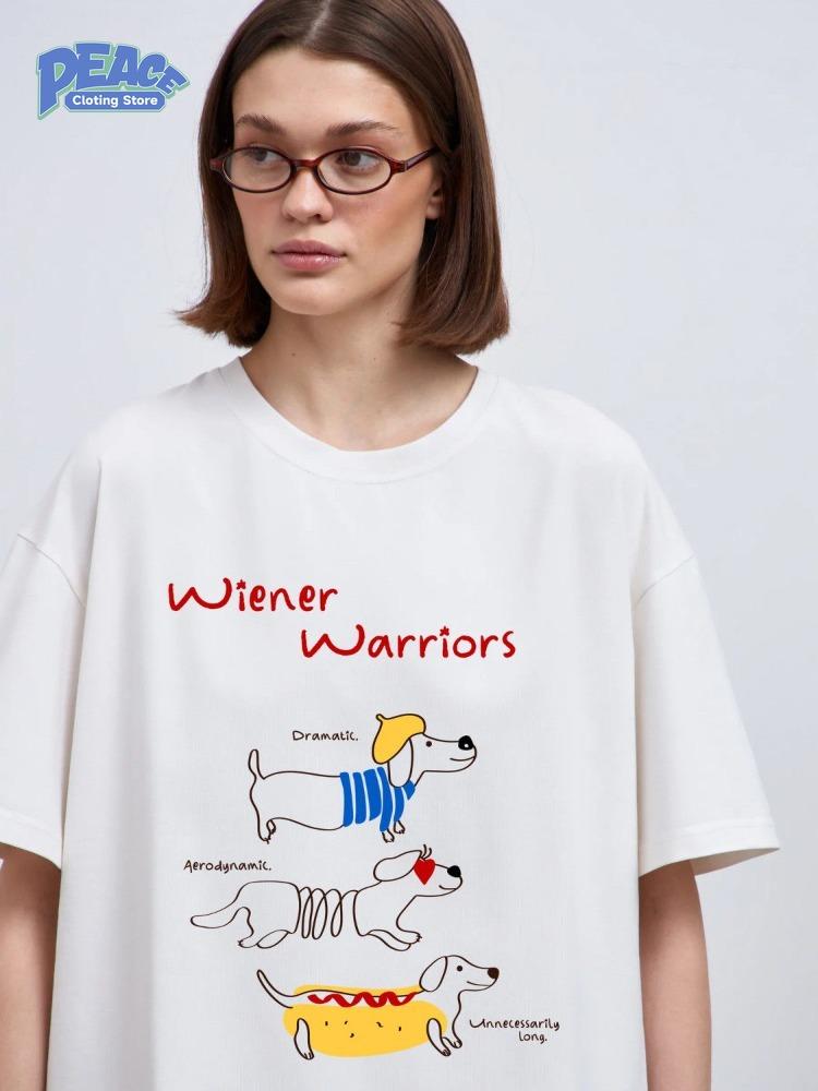 Lovely Sausage Dog Print 100% Cotton Graphic T-shirt Women's Clothing Summer Fashion Simple Lovely Casual Comfy Sleeve Top Y2K