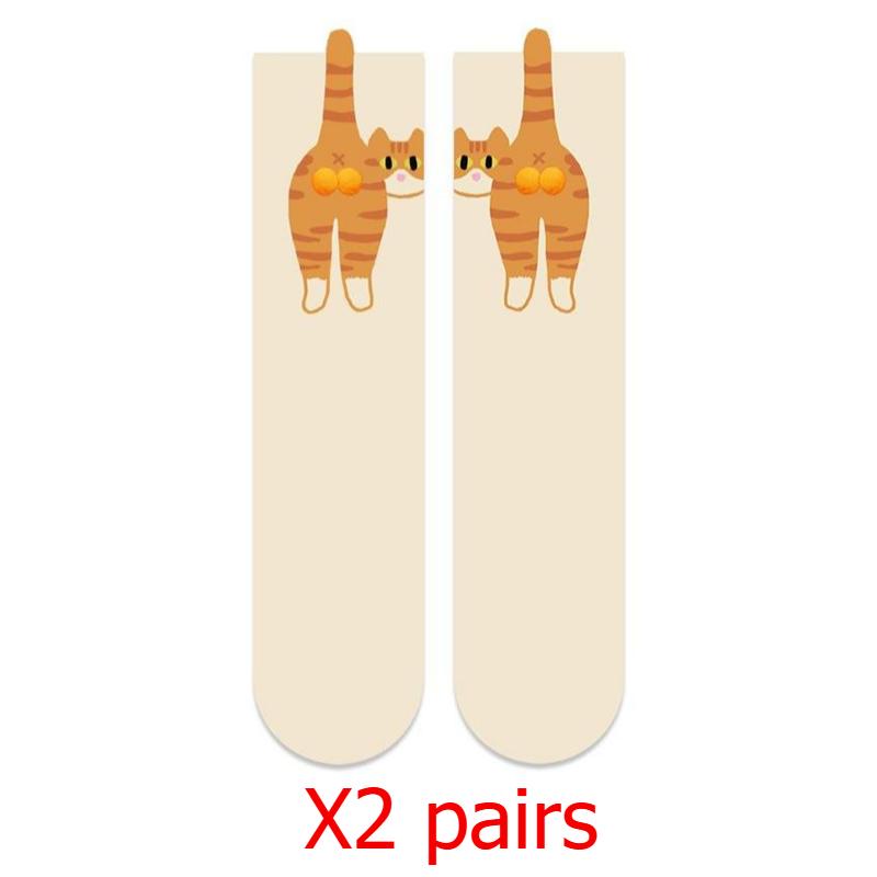 

Женские милые забавные носки с котиками в корейском стиле, средней длины, с трехмерным помпоном, креативные носки 2 pairs покинуть белый