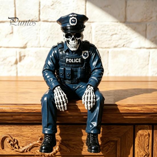 Dark Style Interior Decor Halloween Skeleton Ornament, Policeman/Military Resin Gothic Skull Figurine, Creative Crafts Sitting Pose Sculpture