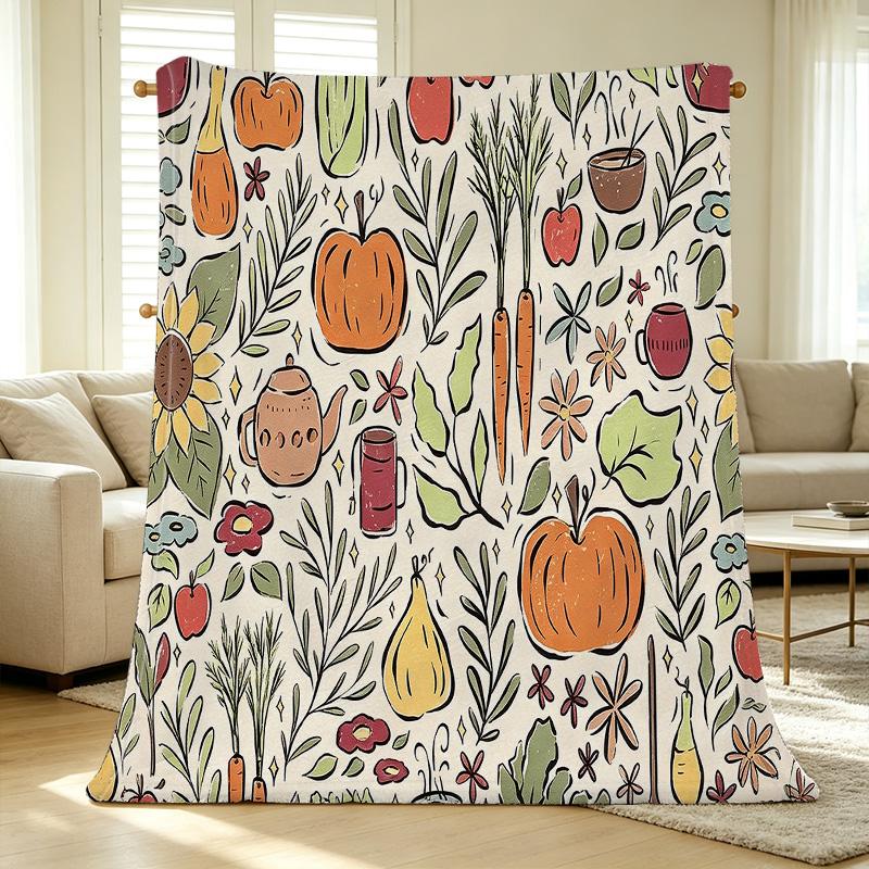 Cute Fruits & Floral Print Flannel Blanket Skin-Friendly Soft Warm Plush Throw, Decorative for Home, Dorm, Festive (Xmas/Halloween) Use