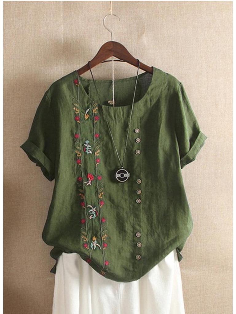 Women's Retro Cotton Linen Embroidered Short Sleeve Casual Shirt, 2022