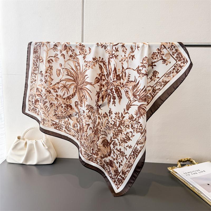 

Luxury Boho Square Silk Scarf Floral Print Shawl Beach Vacation Bandana for Women Neck Hair Headband Bag Wrist Wrap Accessory 70X70CM
