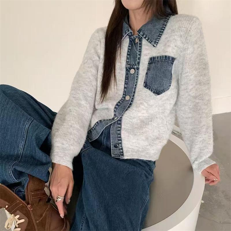 Korean-Style Denim Knit Polo Cardigan: Women's Loose-Fit Fashionable Autumn/Winter Sweater