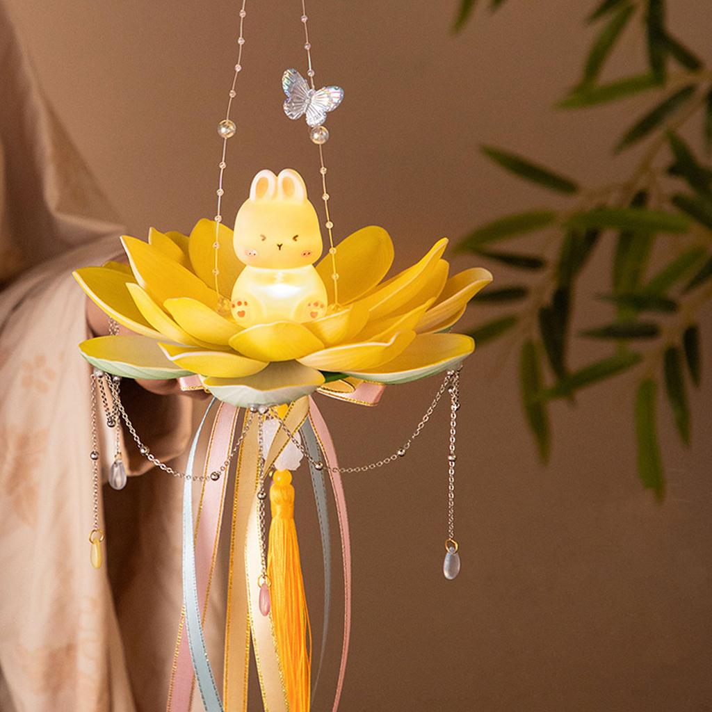Elegant Festival Lotus Flower Lantern Functional Plastic Mid Autumn Lantern with Rabbits Easy to Use Candle Lights