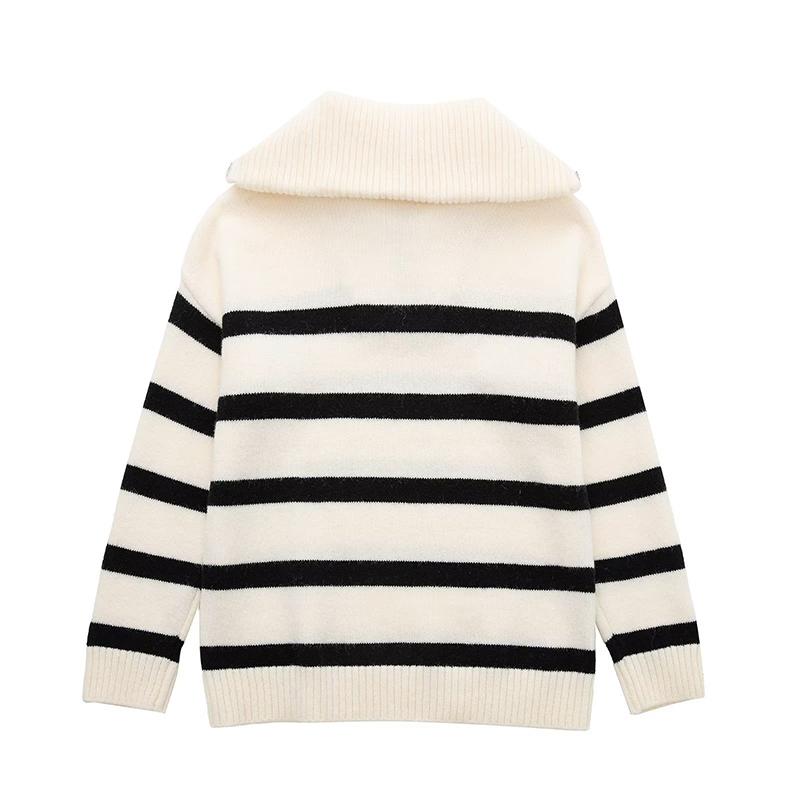 Maglione da Donna Casual Largo con Collo Alto e Zip a Strisce Lavorato a Maglia Pullover Autunno Inverno Top Caldi Maglieria Primaverile